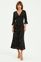 Floral Velvet Devore Lace Trim Neckline Midi Dress In Black