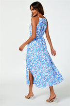 Tie Halterneck Floral Print Split Maxi Dress In Blue