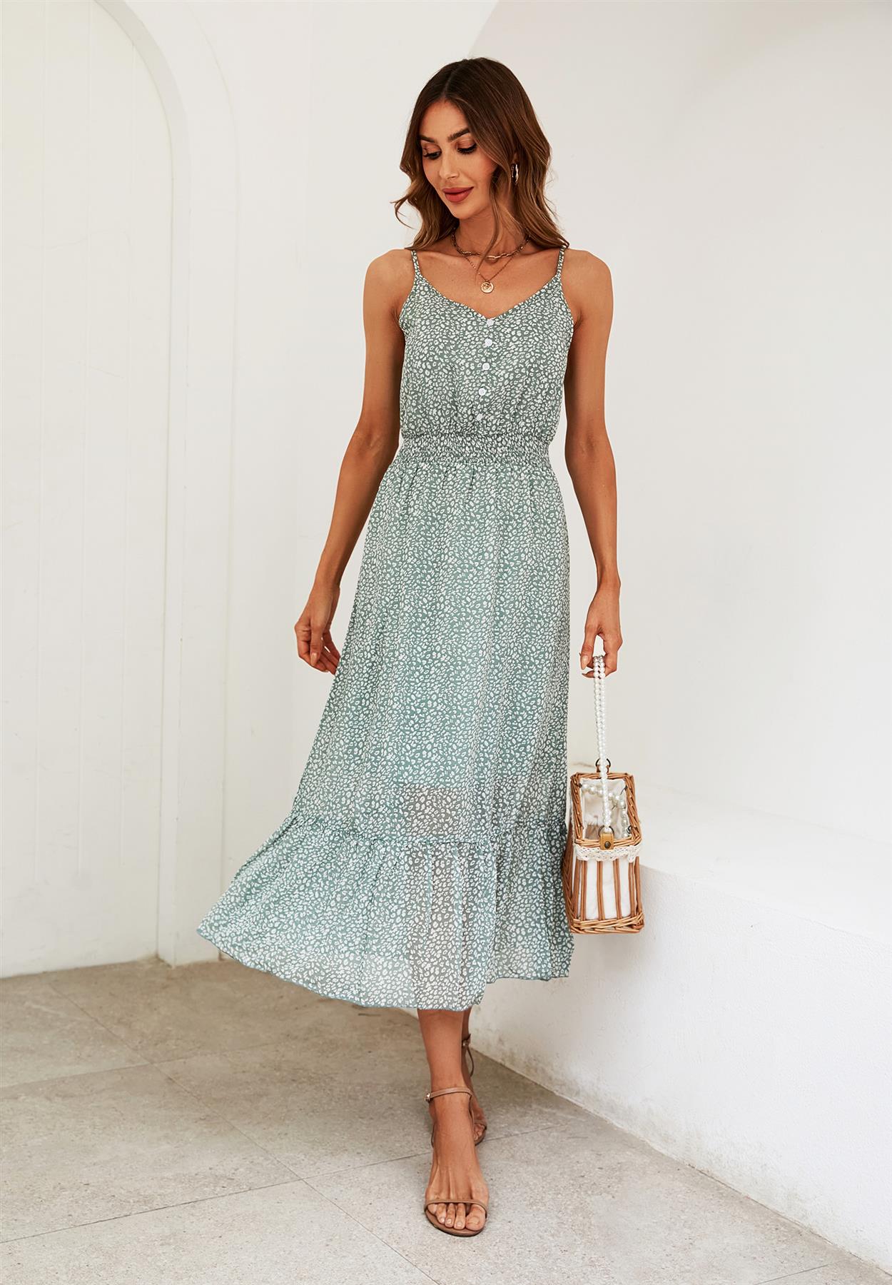 Leopard Print Button Detail Strappy Maxi Dress In Green