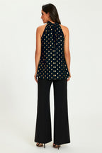 Gold Foil Halter Neck Tie Back Top In Black