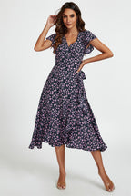 Floral Frill Sleeve Midi Wrap Dress In Navy
