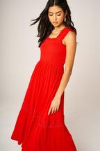 Lace Detail Tiered Maxi Dress In Red