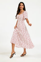 Floral Print Angel Sleeve Heart Neckline Midi Dress In White