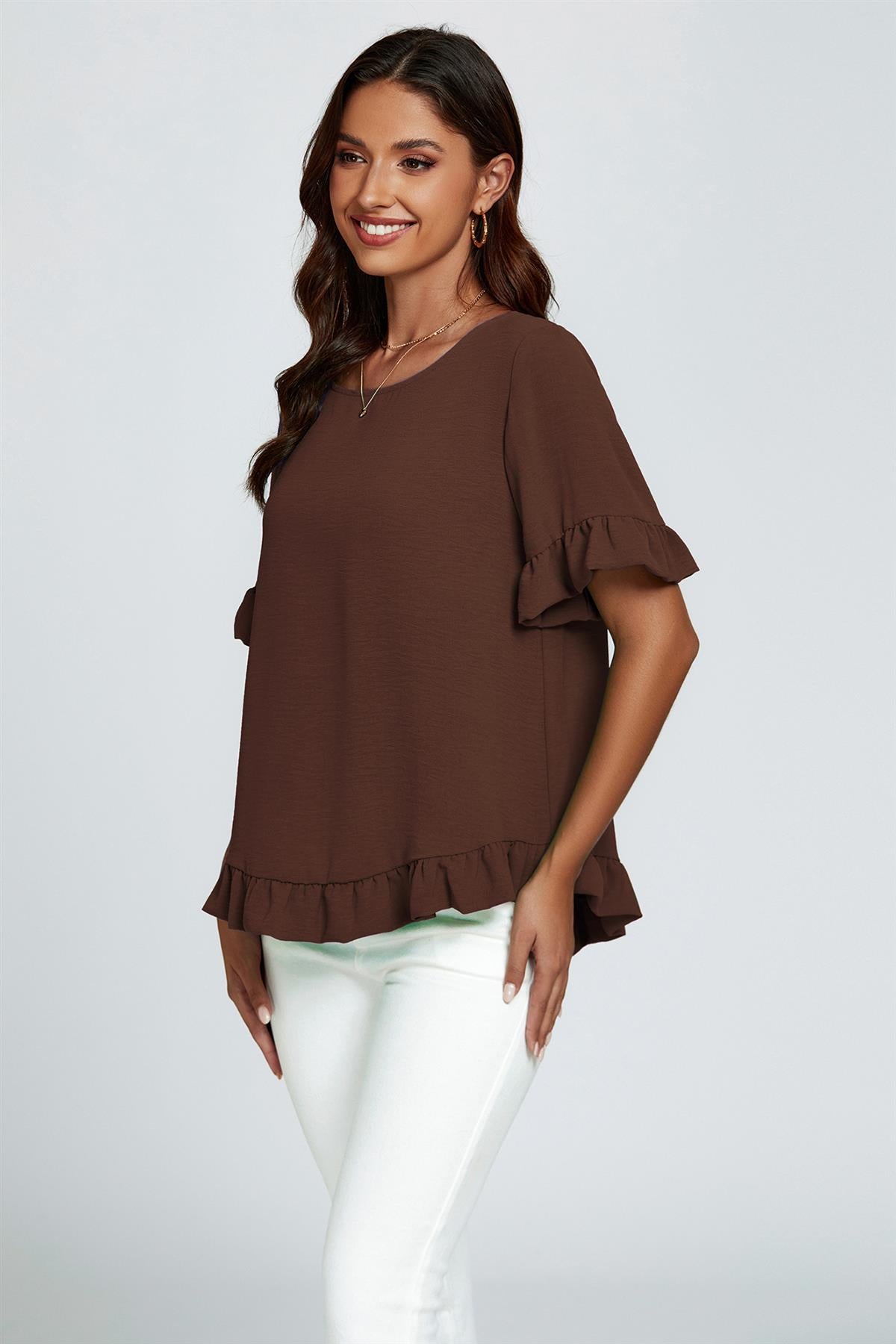 Frill Detail Short Sleeves Top In Brown