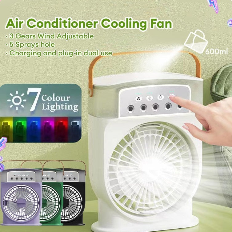 Ventilador de refrigeración portátil USB con 5 rociadores, luz de 7 colores, tanque de agua de 600 ml, humidificador enfriador de aire con rocío.