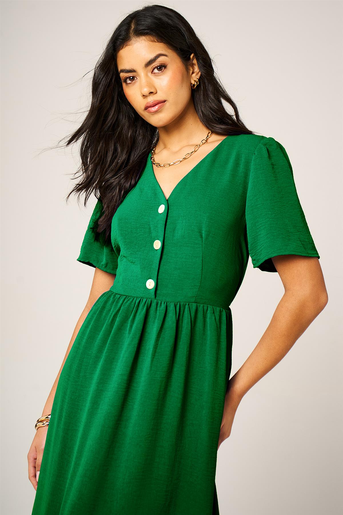 Button Front Midi Dress In Green