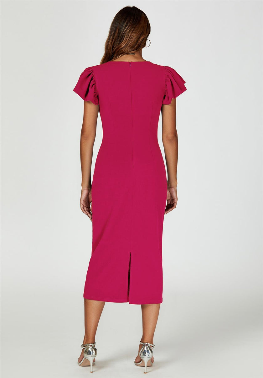 Robe midi moulante fuchsia à manches ballon