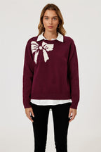 Bowknot Pattern On Shoulder Knit Jumper Top In Wine
