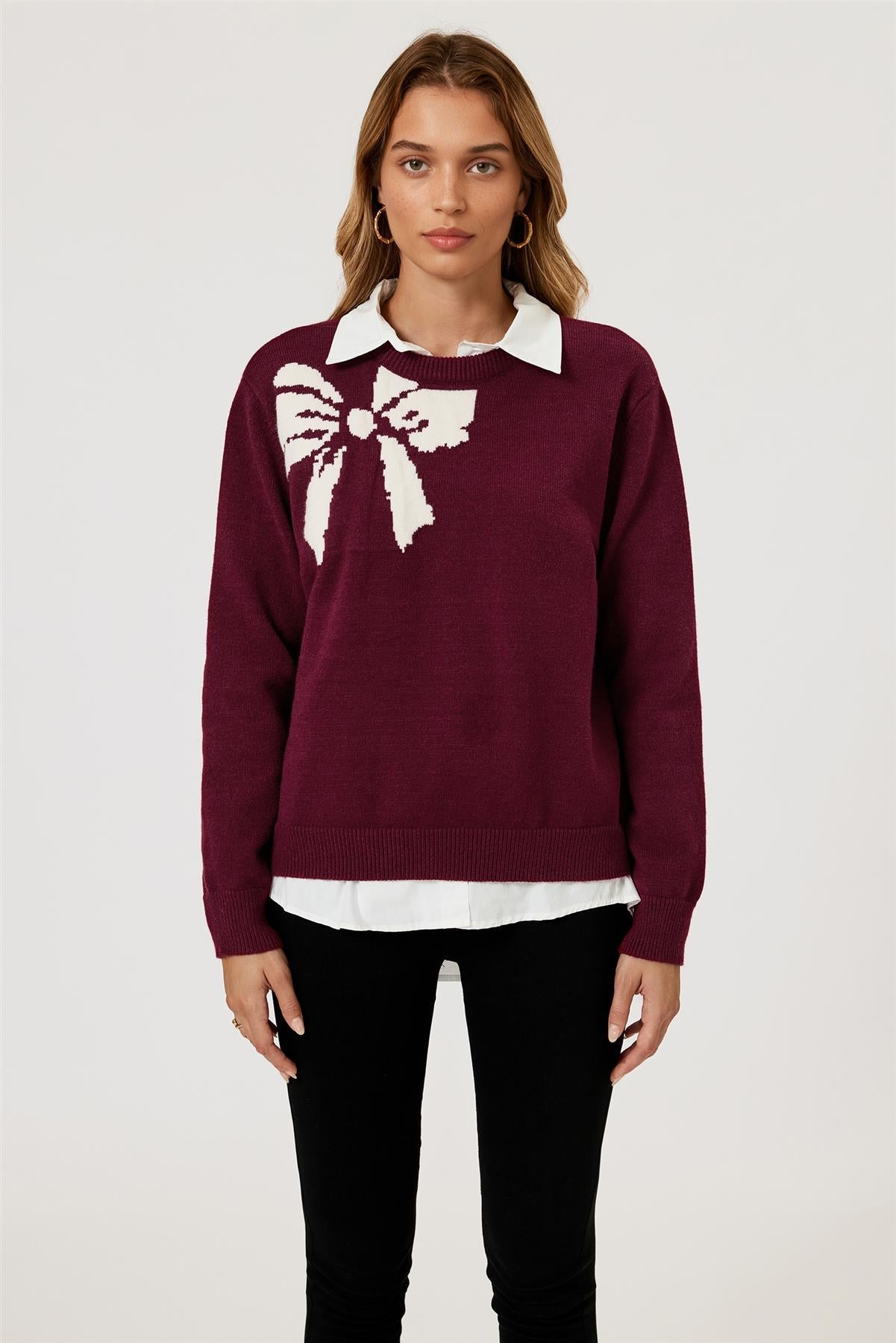 Bowknot Pattern On Shoulder Knit Jumper Top In Wine