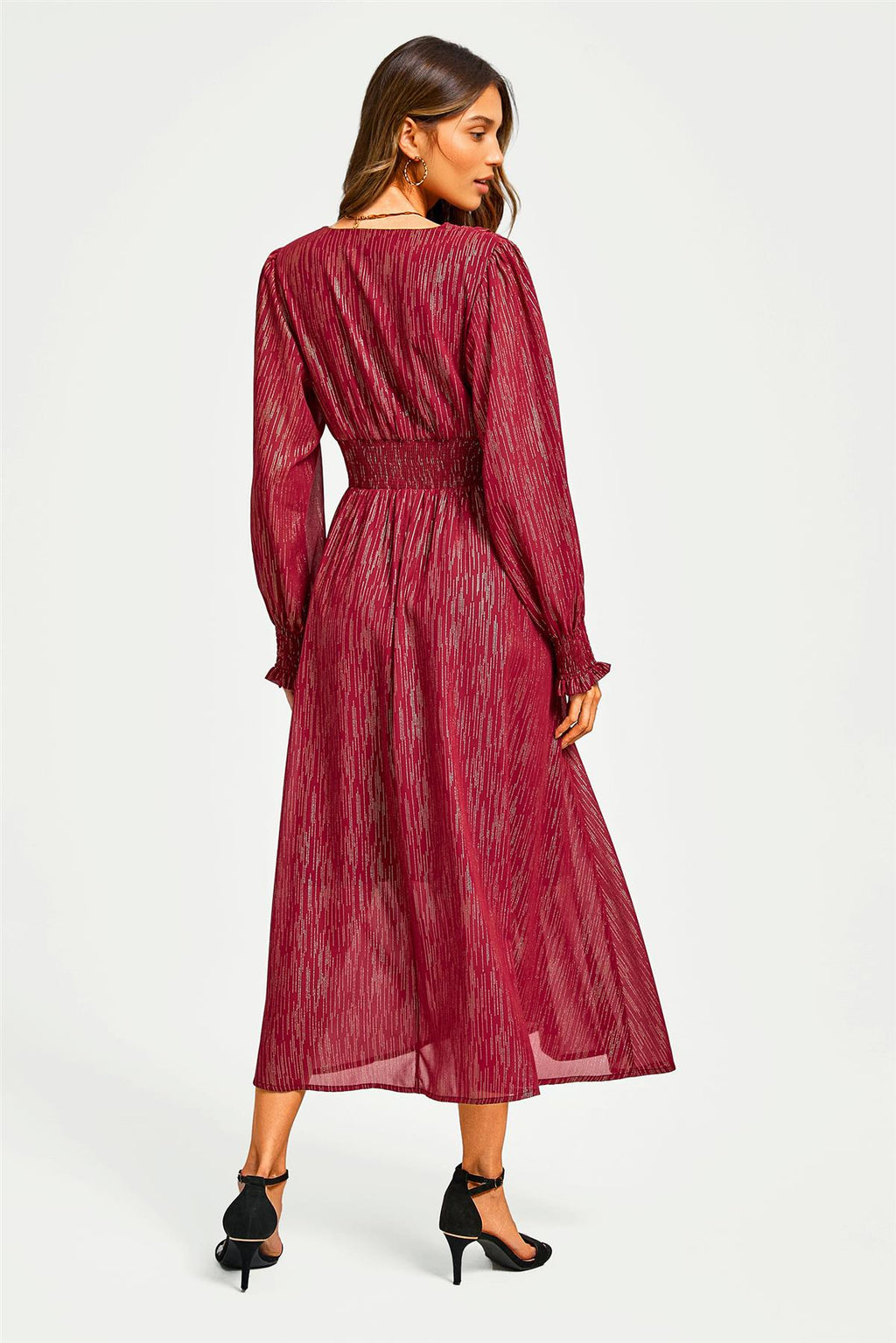Gold Stripe Foil Long Sleeve Maxi Dress In Wine