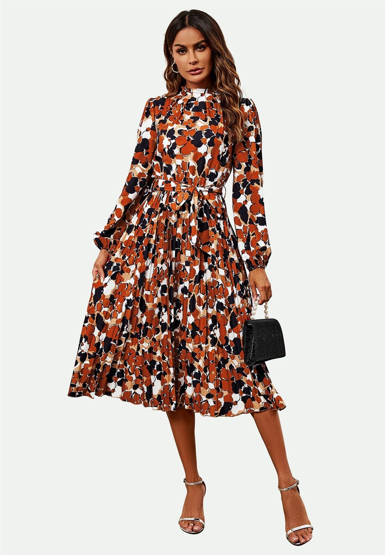 High Neck Long Sleeve Midi Dress In Rust