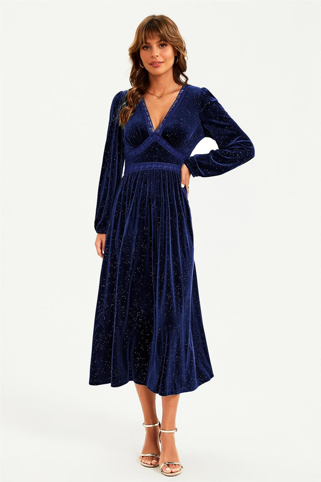 Silver Foil Velvet Lace Trim Neckline Midi Dress In Navy