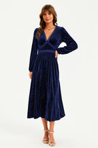 Silver Foil Velvet Lace Trim Neckline Midi Dress In Navy