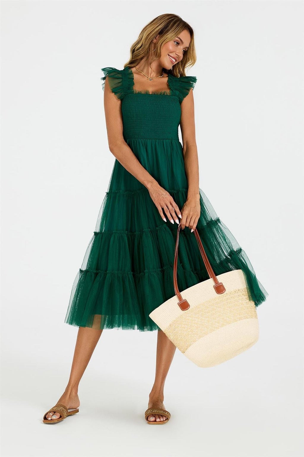 Sleeveless Smocked Ruffle Tulle Dress In Forest Green