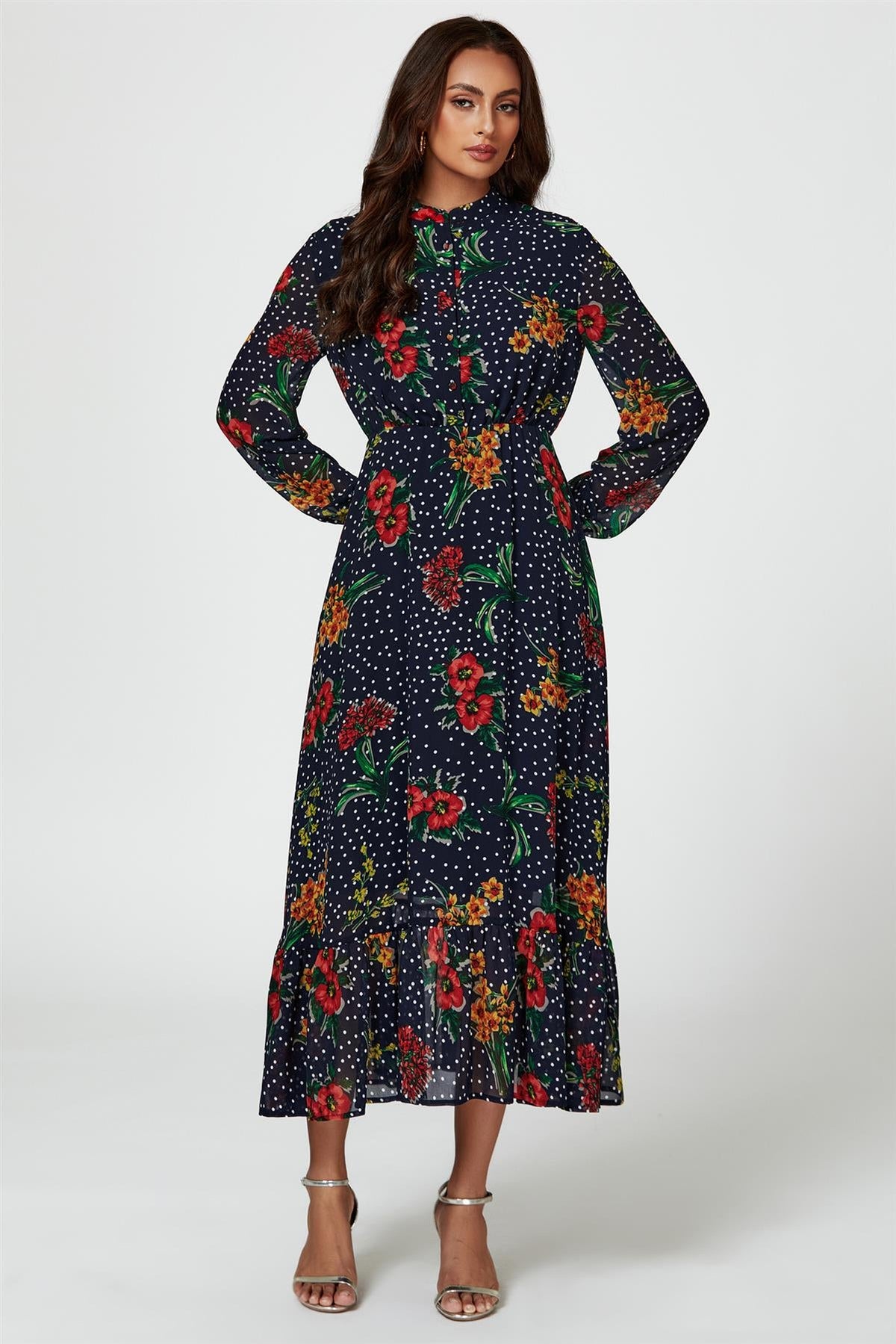 Robe longue à imprimé floral à pois marine
