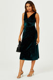 Robe midi vert émeraude en velours scintillant argenté avec nœud sur le devant
