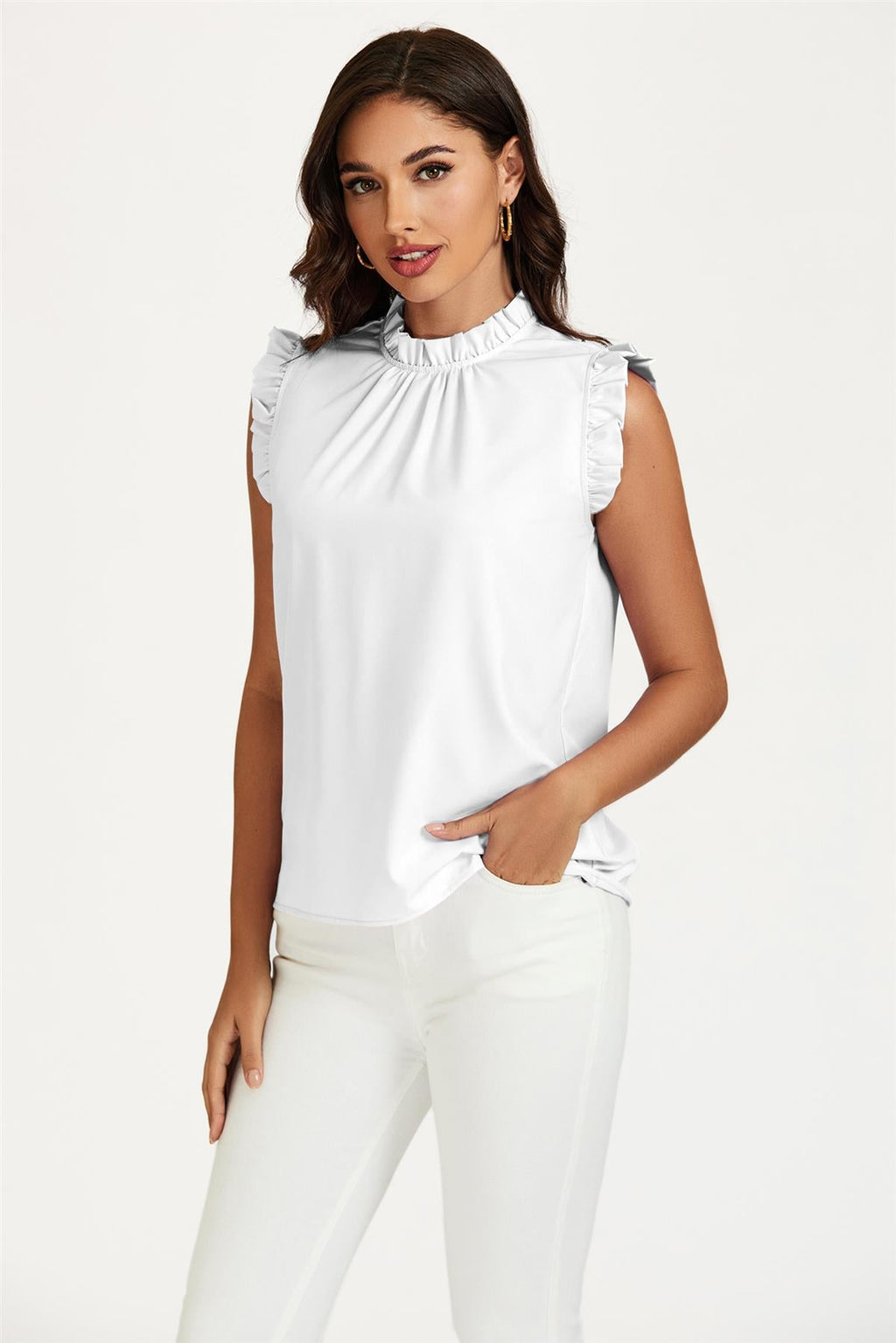 Frill Trim Sleeve Frill Neck Blouse Top In White