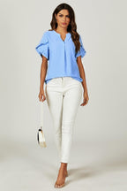 Frill Trim Detail Short Sleeve Blouse Top In Light Blue
