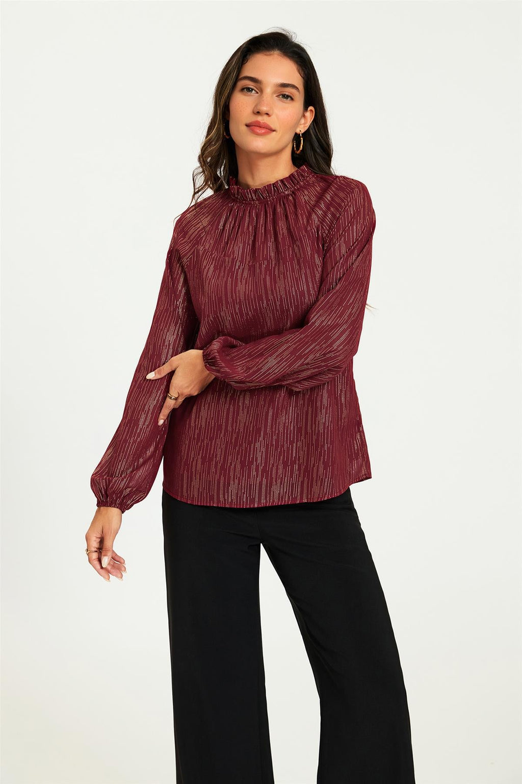 Gold Stripe Foil Long Sleeve Frill High Neck Top In Wine