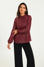 Gold Stripe Foil Long Sleeve Frill High Neck Top In Wine