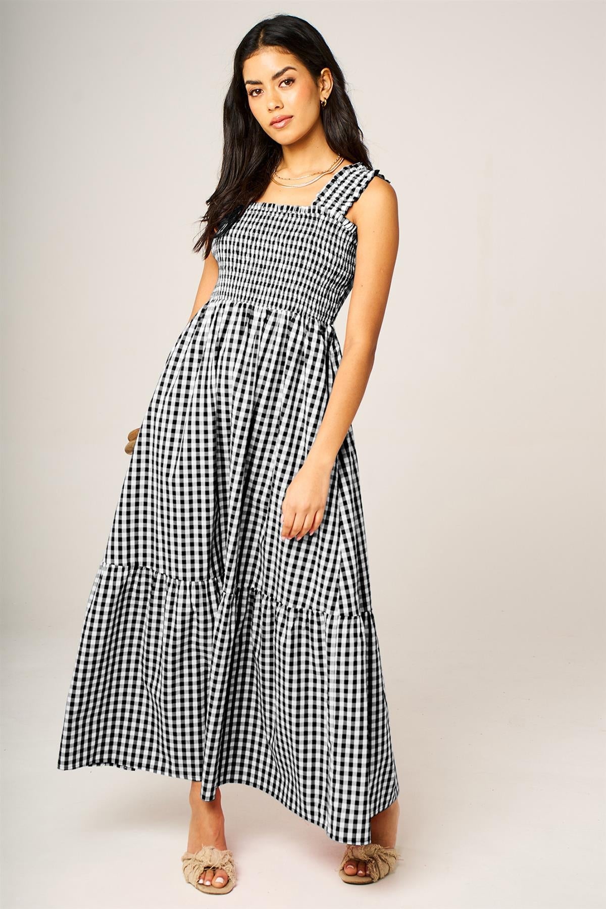 Check Print Hem Detail Maxi Dress In Black