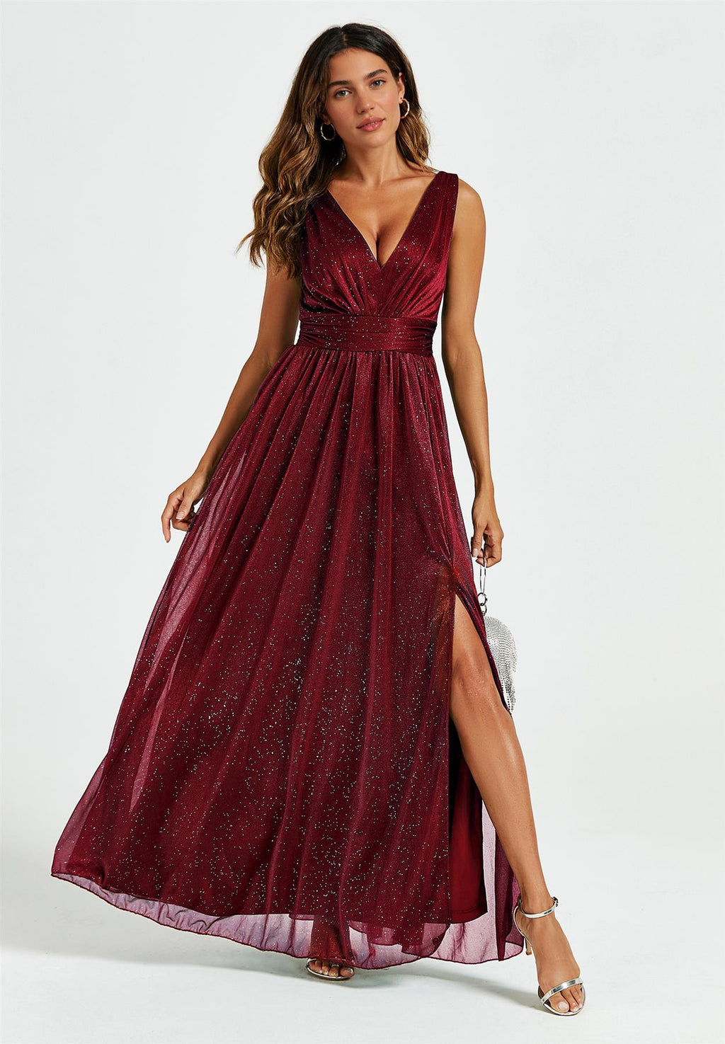 Sparkly V Neck Bridesmaid Maxi Dress In Burgundy