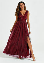 Sparkly V Neck Bridesmaid Maxi Dress In Burgundy