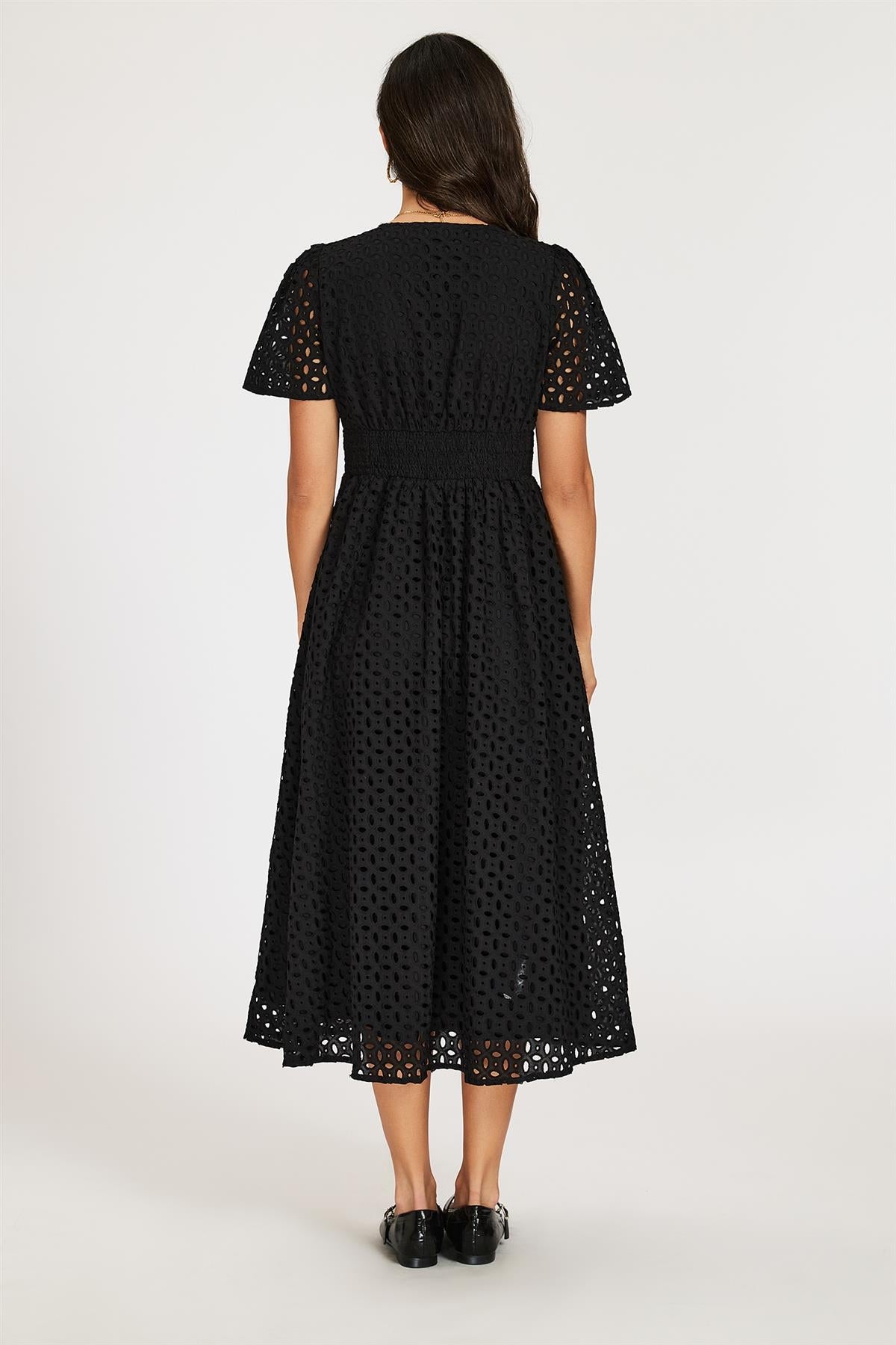 Broderie Anglaise Midi Dress In Black