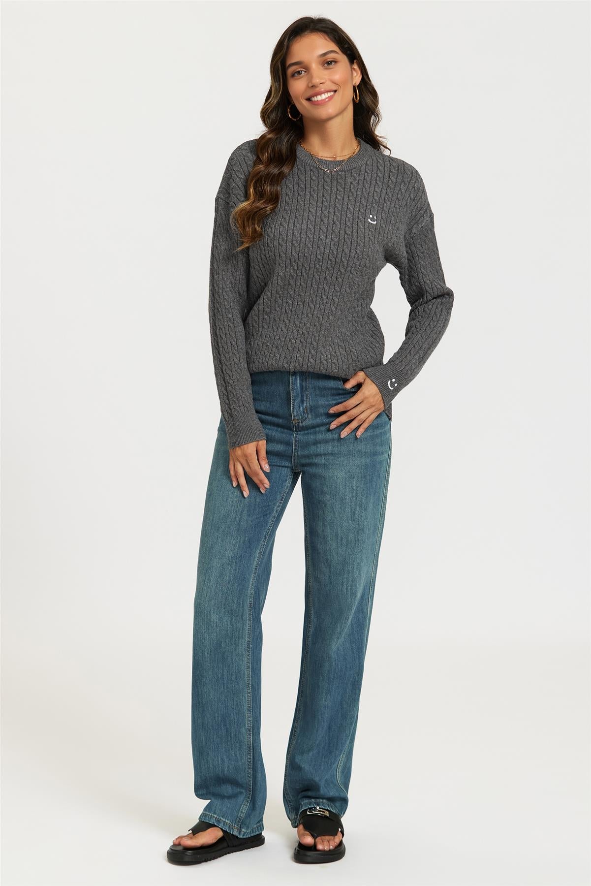 Smiley Face Embroidery Jumper Top In Dark Grey