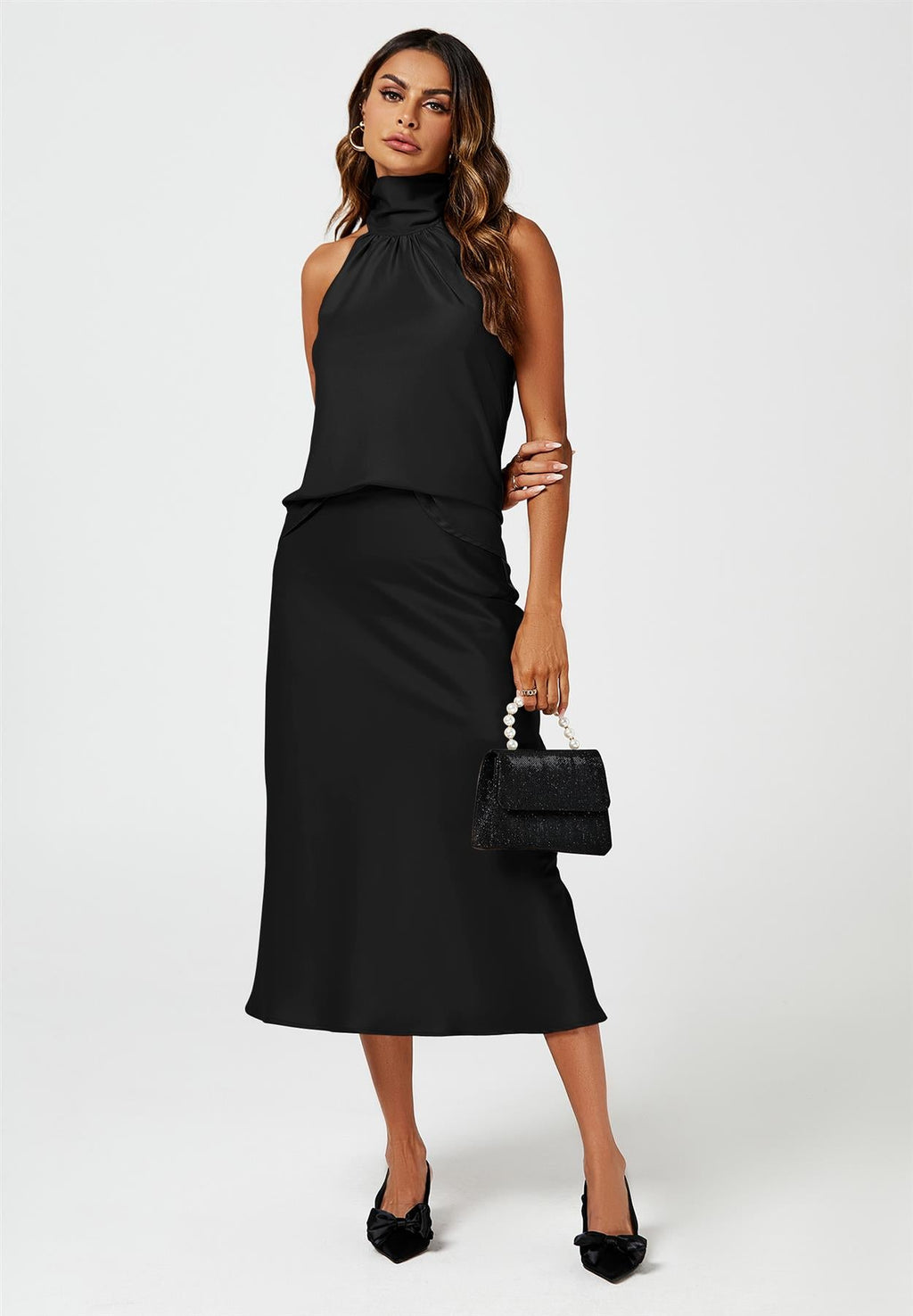 Satin Halter Neck Tie Back Top In Black