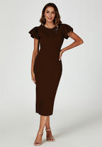 Volume Sleeve Bodycon Midi Dress In Espresso