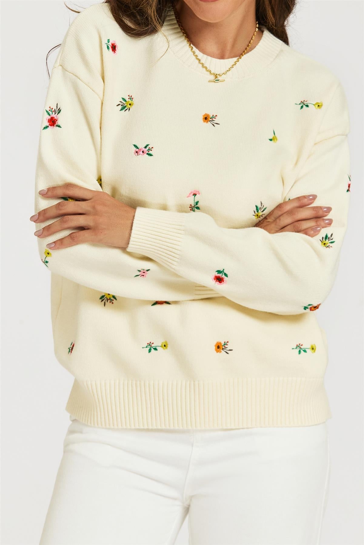 Embroidered Floral Knit Jumper Top In Cream