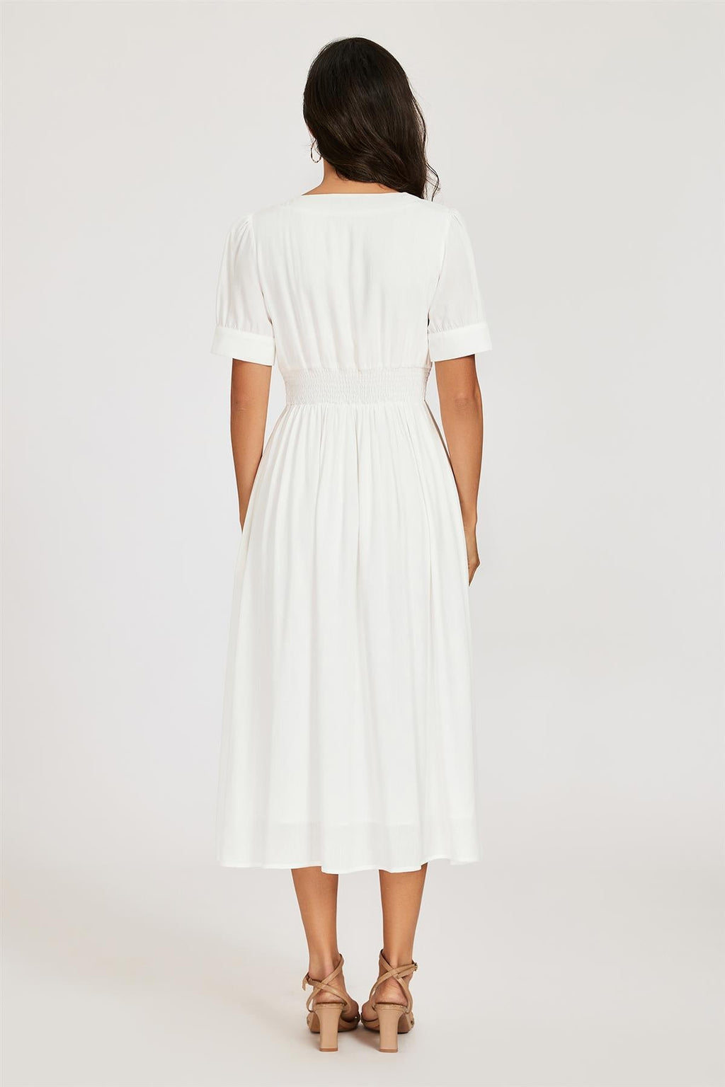 Button Front Short Sleeve Midi Dress In White