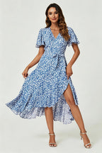 Floral Print Midi Wrap Dress In Blue