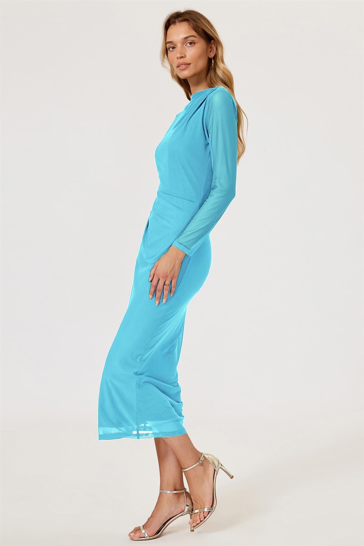 Long Sleeves Mesh Midi Dress In Aqua