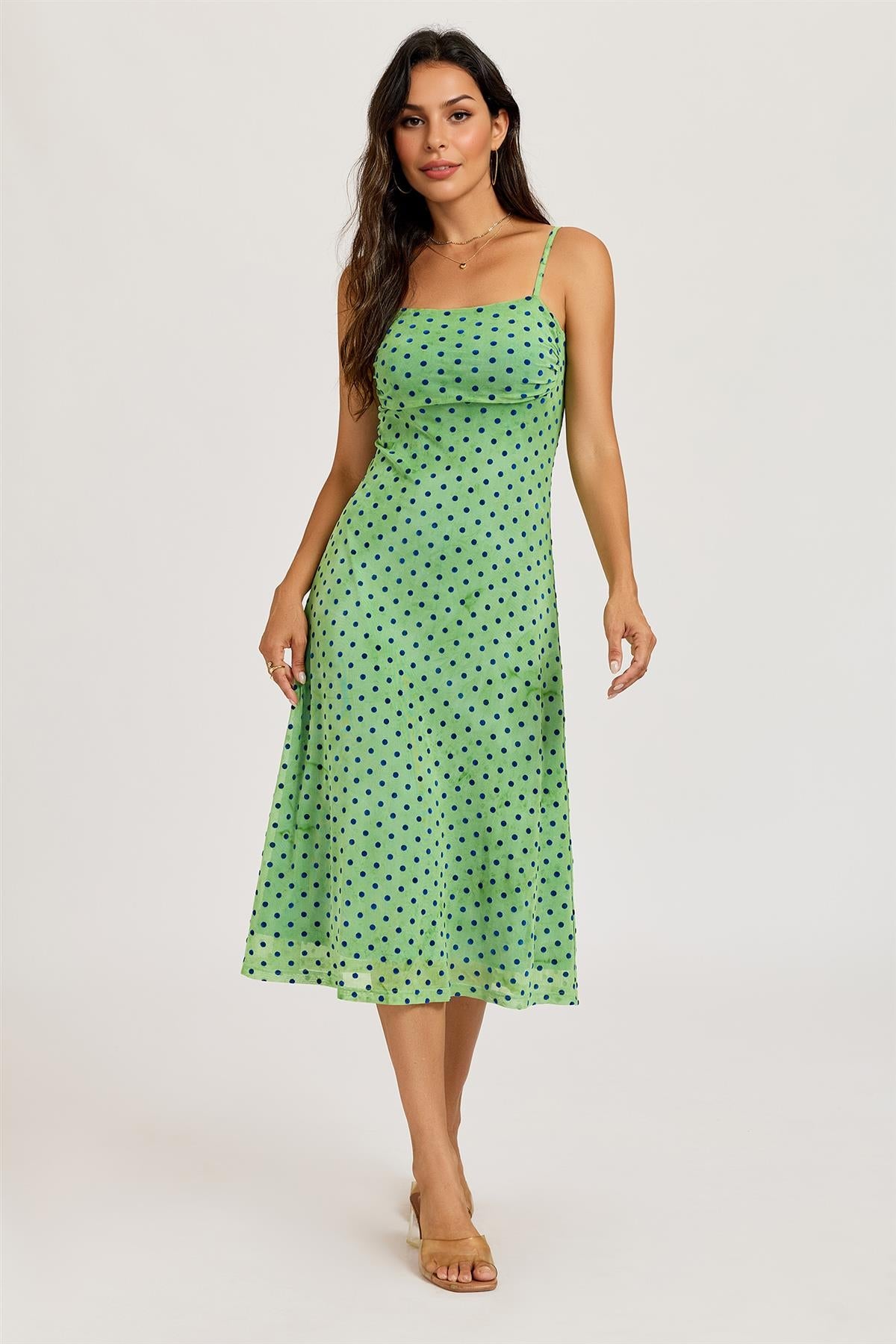 Mottled Effect Devore Polka Dot Mesh Cami Midi Dress In Green