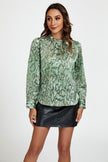 Animal Print Satin Long Sleeve High Neck Top In Green