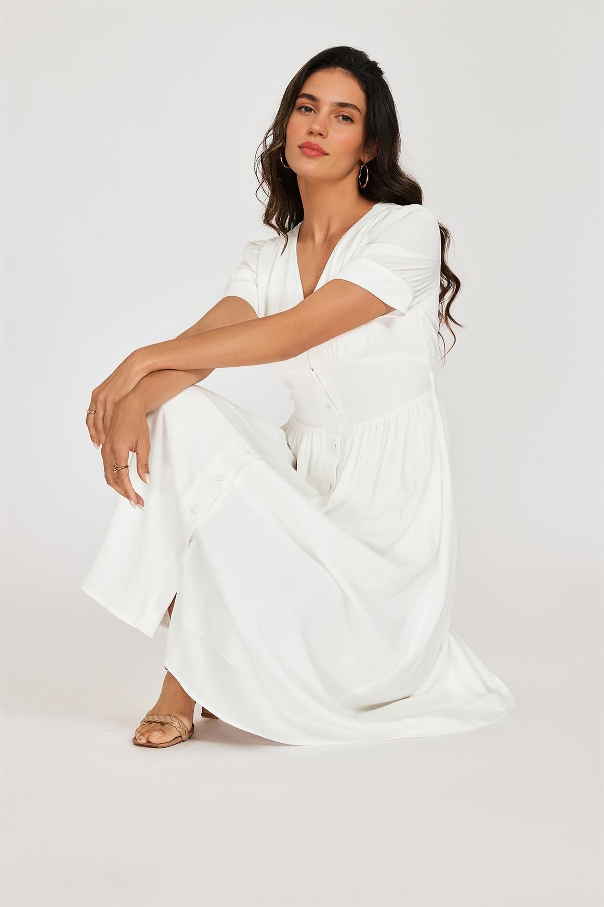 Button Front Short Sleeve Midi Dress In White