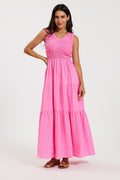 Shirred Tiered Maxi Dress with Sleeveless V-Neck