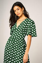 Dot Print Angel Sleeve V Neck Frill Hem Midi Dress In Green