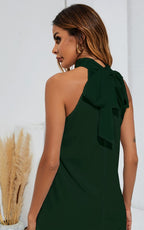 Halter Neck Tie Back Top In Forest Green