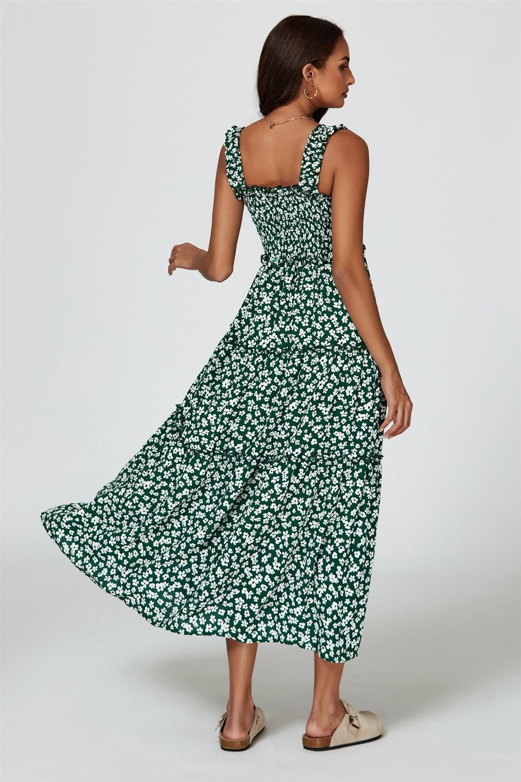 Floral Print Hem Detail Tiered Maxi Dress In Green