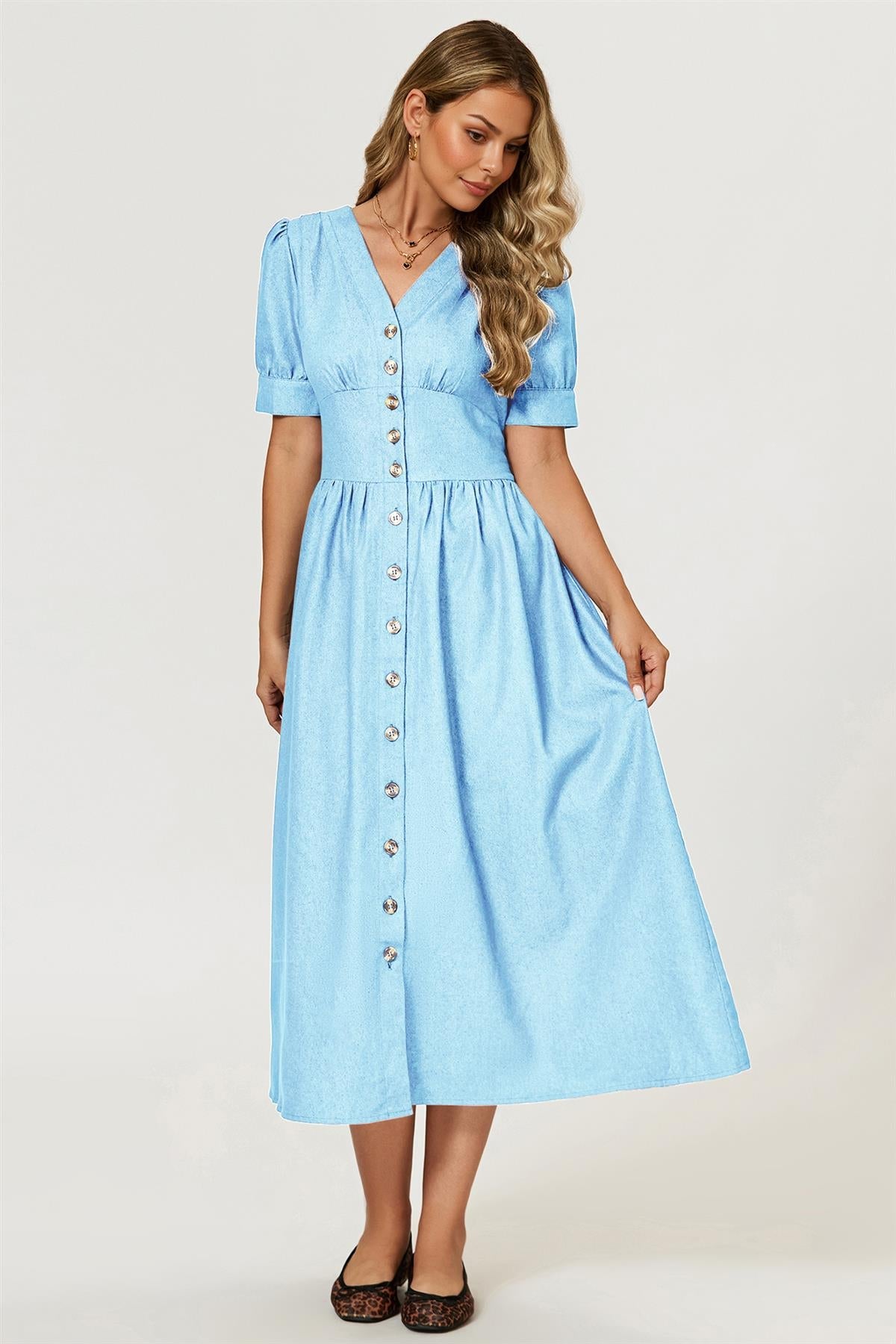 Puff Sleeve Button Down Denim Midi Dress In Light Blue