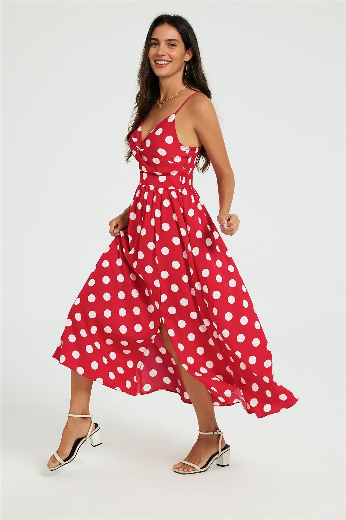 Dot Print Knot Front Midi Dress In Red