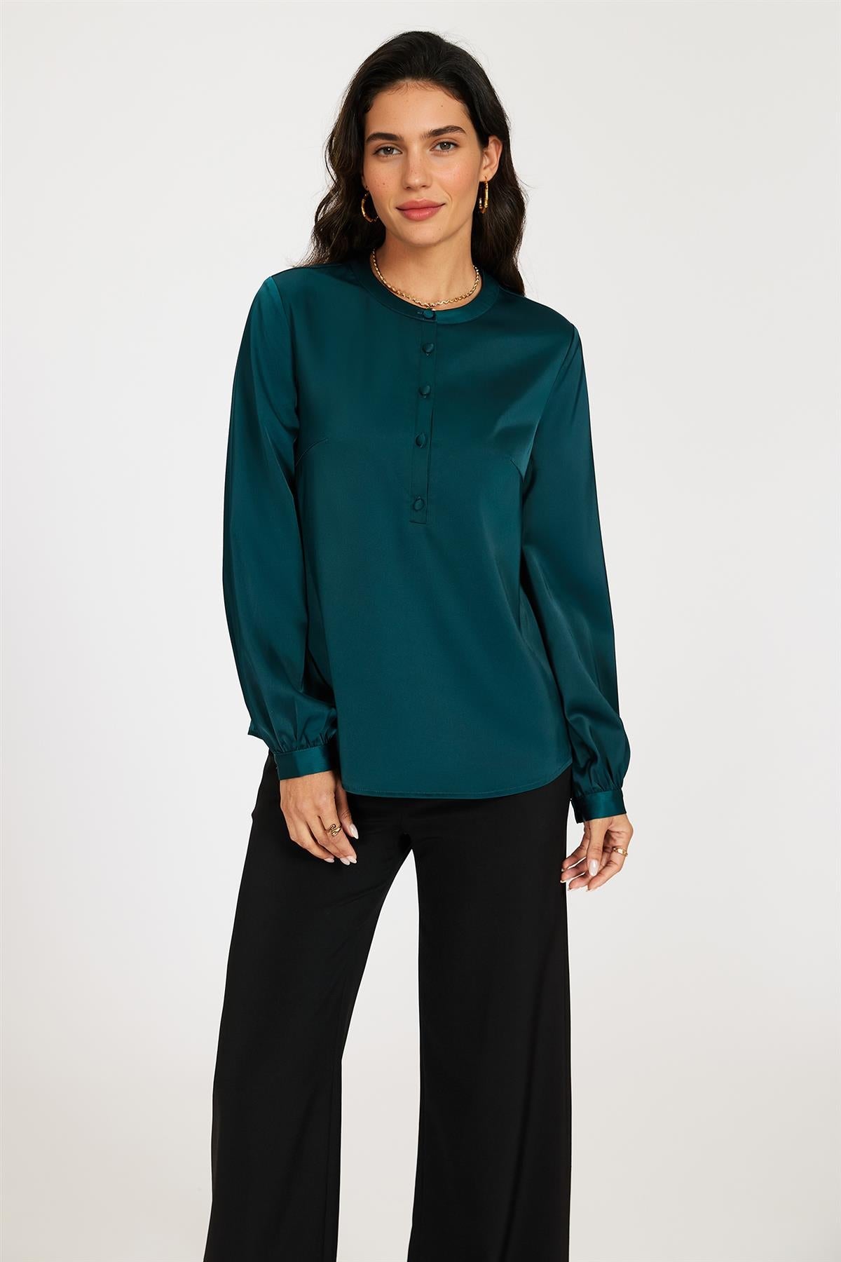 Long Sleeve Satin Blouse Top In Teal