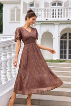 Angel Sleeve Gold Stripe Foil Midi Dress In Brown