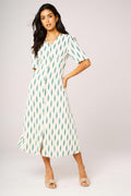 Green Leaf Print Button Front Midi Dress In White