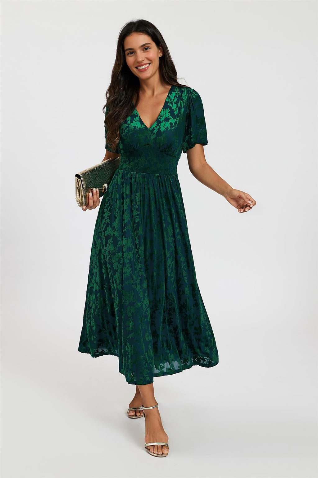Green Velvet Burnout V-Neck Angel Sleeve Midi Dress