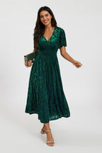 Green Velvet Burnout V-Neck Angel Sleeve Midi Dress