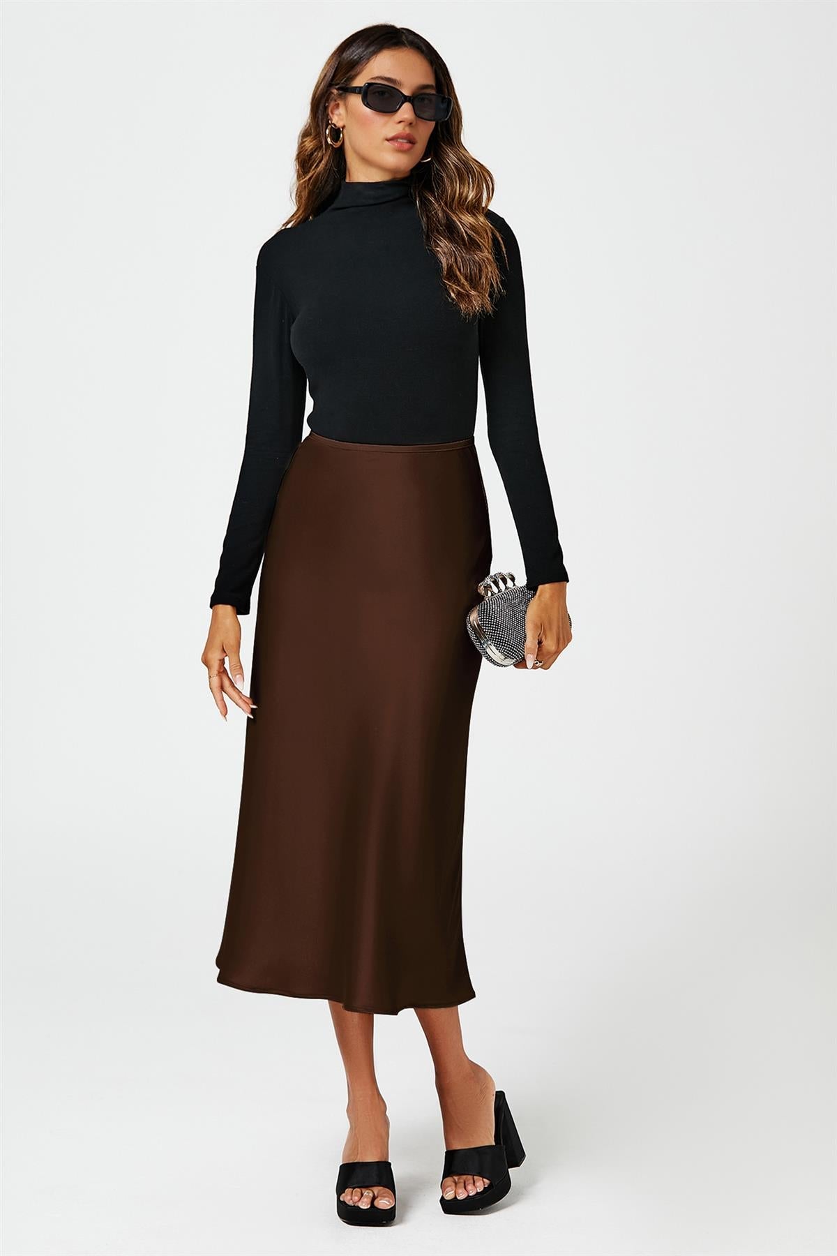 Brown Satin Midi Skirt